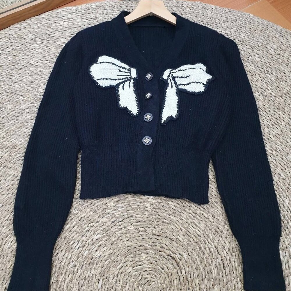 🎀 Black Bow Knit Cropped Button Cardigan Cute Coquette Sweater 🖤